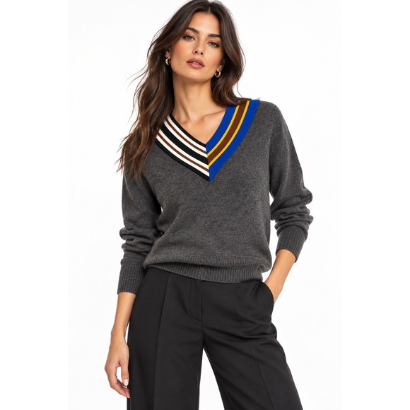 Sandro Sweaters - Sandro Nepeta Grey V-Neck Striped Asymmetrical Collar Sweater D313M Size 1